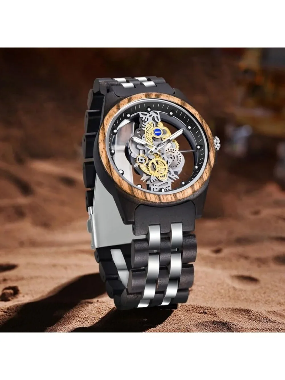 Men's Black&Silver Skeleton Buckle Analog Quartz Classic Round Wooden Watch